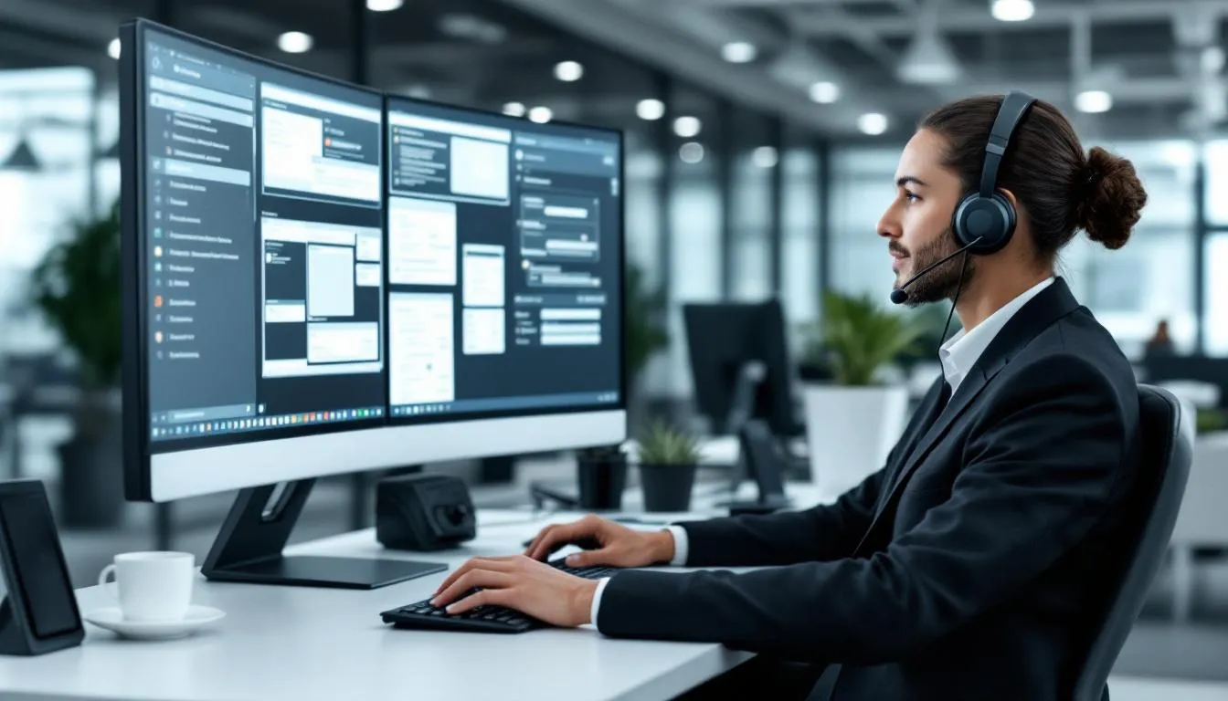 A customer service representative is seated at a modern help desk, efficiently managing multiple communication channels such as phone, chat, and email. The workspace is organized, reflecting a commitment to data security and compliance with rigorous data protection laws, ensuring the protection of personal information while assisting customers with their inquiries.