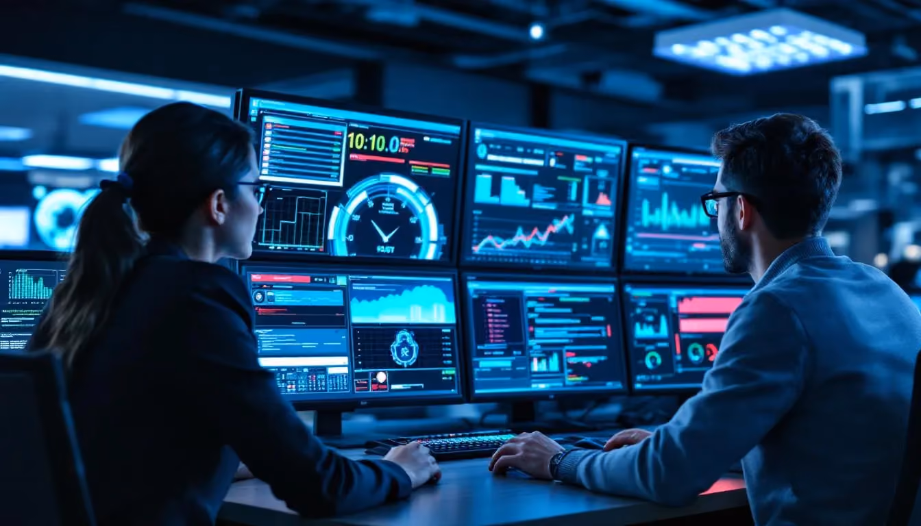 A professional data security team is engaged in monitoring activities, surrounded by multiple computer screens displaying security dashboards that track sensitive personal information and safeguard against unauthorized access. Their work ensures compliance with rigorous data protection laws and the protection of Experian's key assets, while also addressing legal obligations related to consumer data privacy.