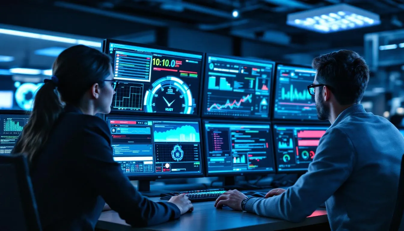 A professional data security team is engaged in monitoring activities, surrounded by multiple computer screens displaying security dashboards that track sensitive personal information and safeguard against unauthorized access. Their work ensures compliance with rigorous data protection laws and the protection of Experian's key assets, while also addressing legal obligations related to consumer data privacy.