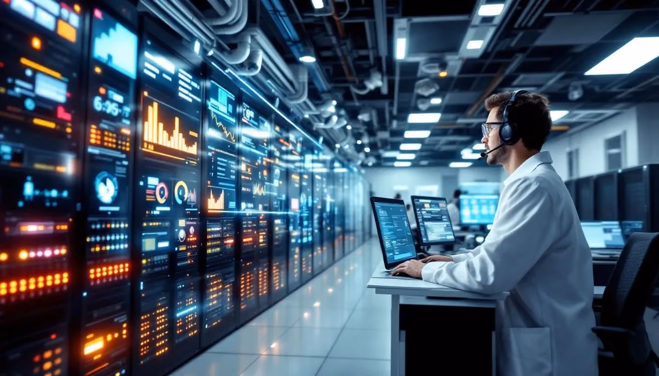 The image depicts a secure data center featuring modern server infrastructure with advanced monitoring systems in place, designed to safeguard sensitive personal information and ensure compliance with rigorous data protection laws. The environment reflects a commitment to maintaining comprehensive security policies and protecting data against unauthorized access.