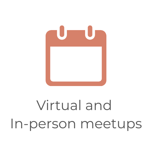 Brown calendar icon above the text 'Virtual Event, 26 years meetings' in brown script font on a white background.
