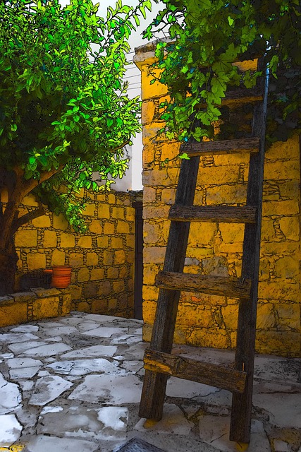 ladder leaning on old building