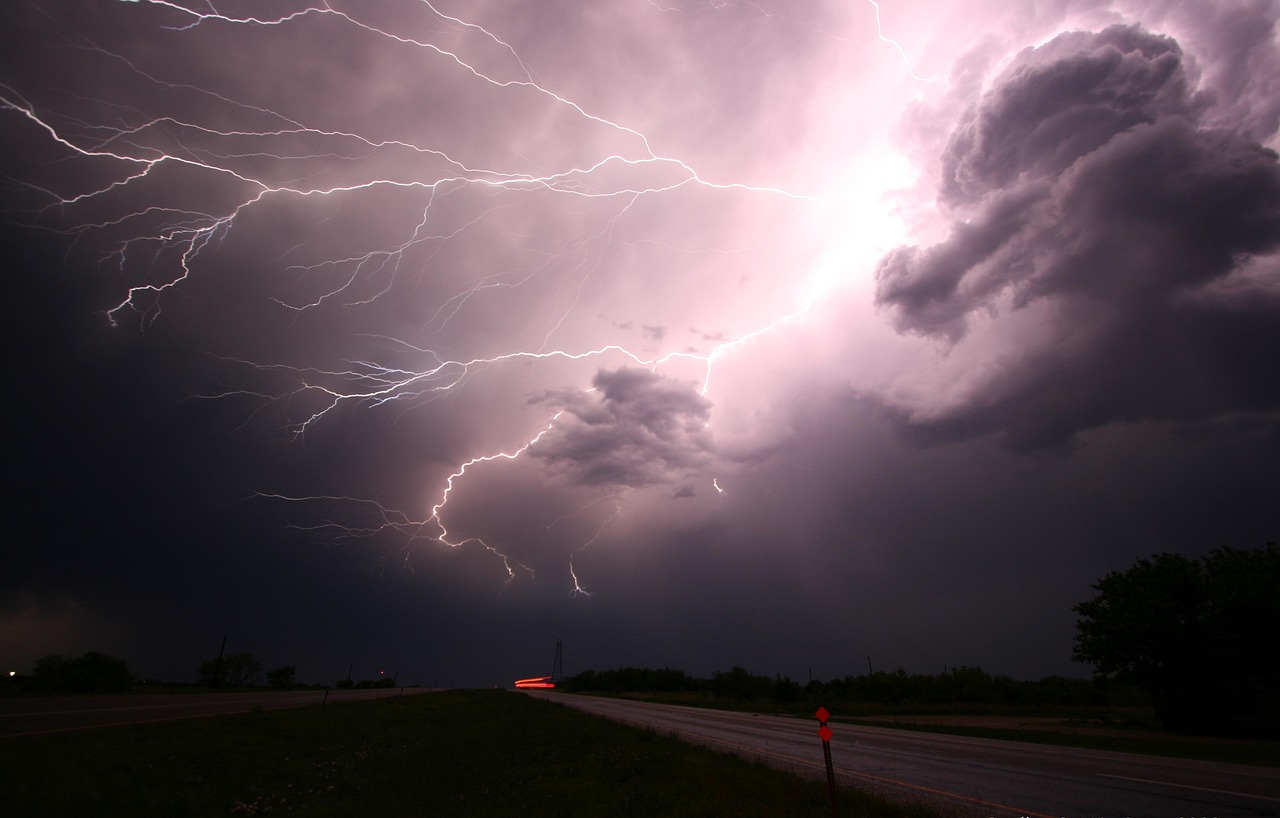 Lightning over a road