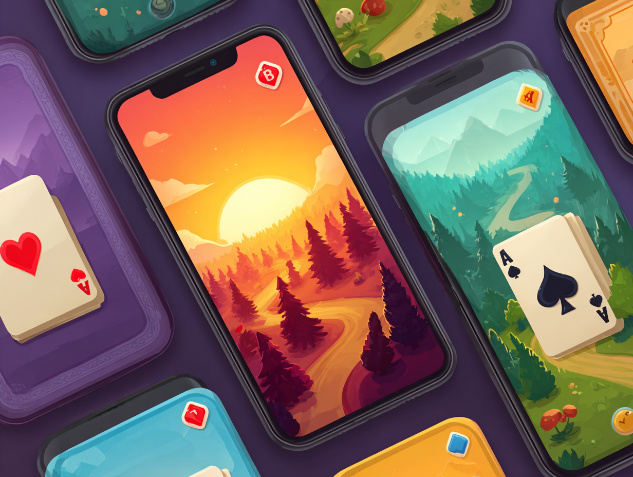 Image of phones with different images of landscapes and playing cards