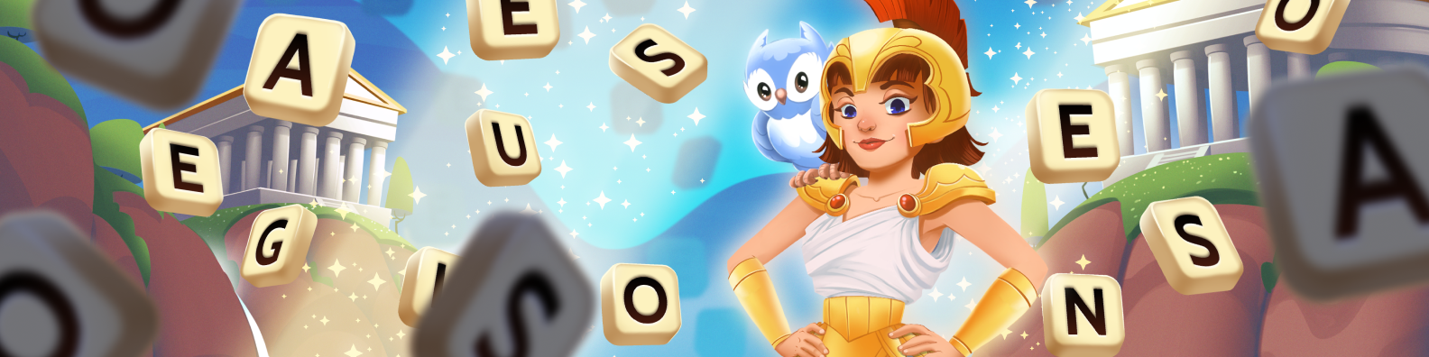 Animated female warrior in gold armor with owl on shoulder and floating letter tiles near Greek temples.