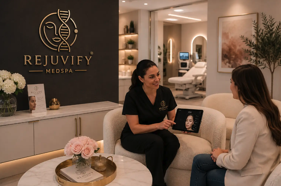 A client receives a personalized aesthetic consultation at Rejuvify, a med spa in Culver City, in a modern and welcoming treatment setting. 