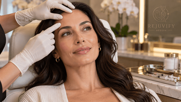 Patient receiving dermal fillers in Los Angeles to enhance facial contours and restore volume.
