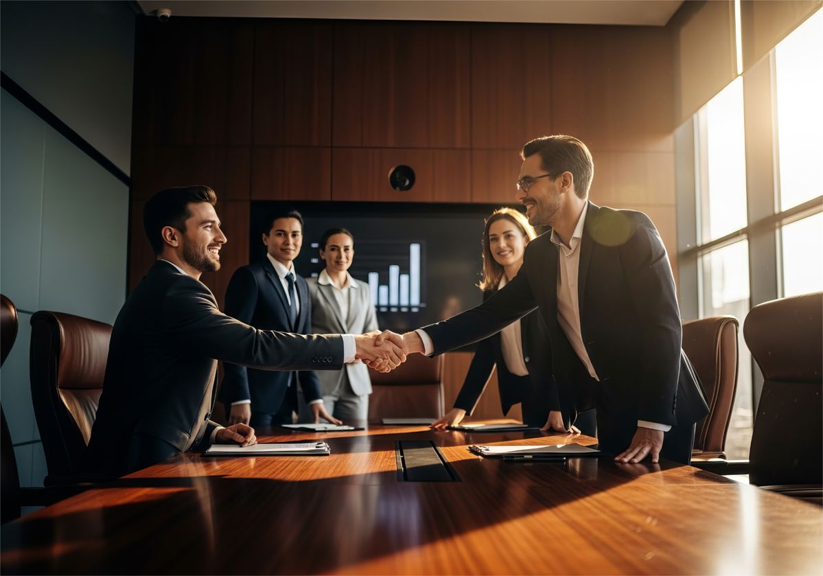 Two business professionals shaking hands during a conference room meeting.