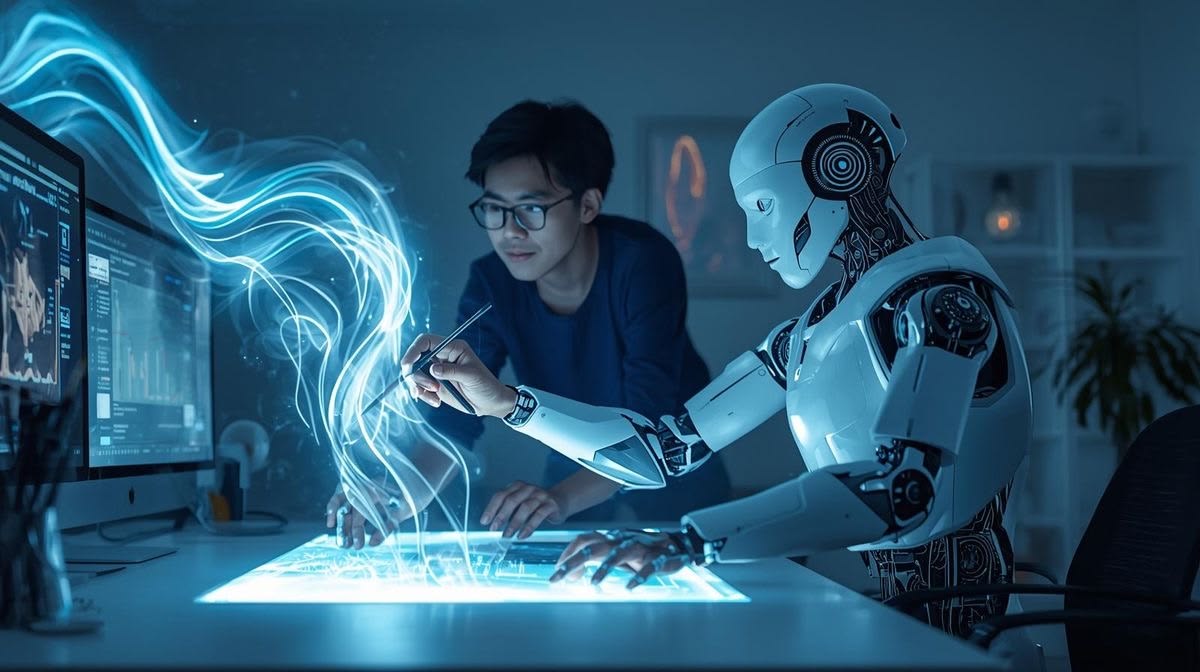 A humanoid robot and a developer collaborating on a futuristic AI interface