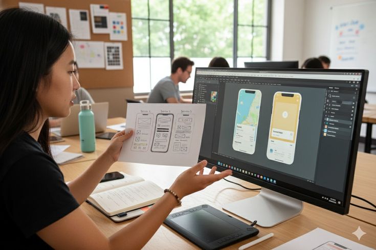 Woman designs mobile app screens on a monitor while holding wireframe sketches at her desk in an office.