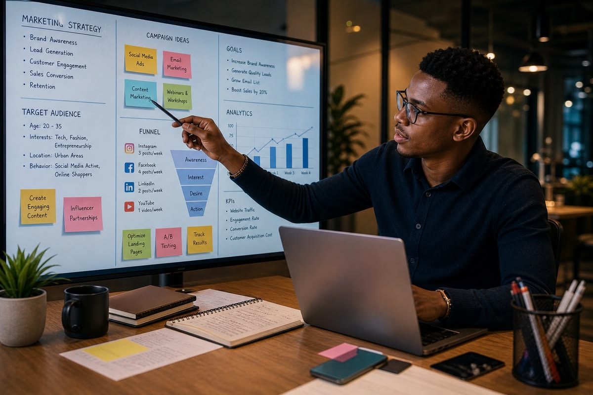Man in glasses points to a large screen displaying a detailed marketing strategy with campaign ideas, a funnel, and analytics.