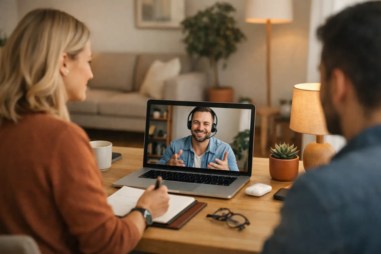 A confident hiring manager interviewing a remote candidate, emphasizing effective communication and ownership.