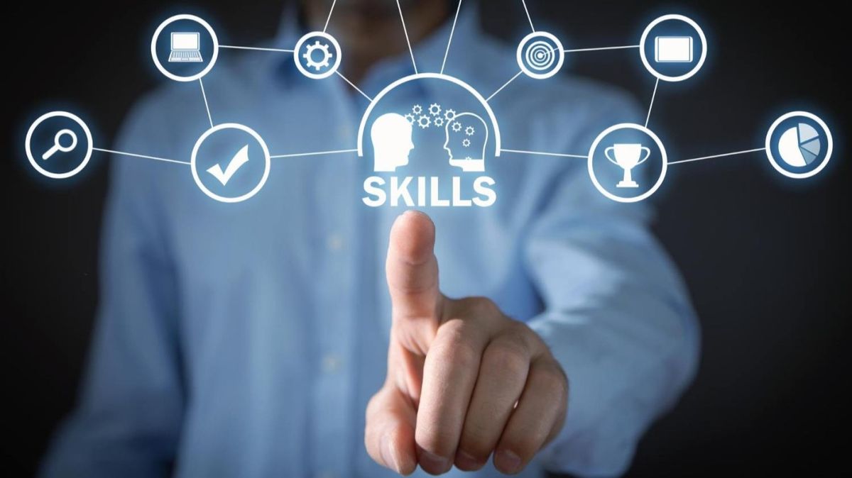 Person tapping a "Skills" icon linked to capability icons, representing skills-based candidate search