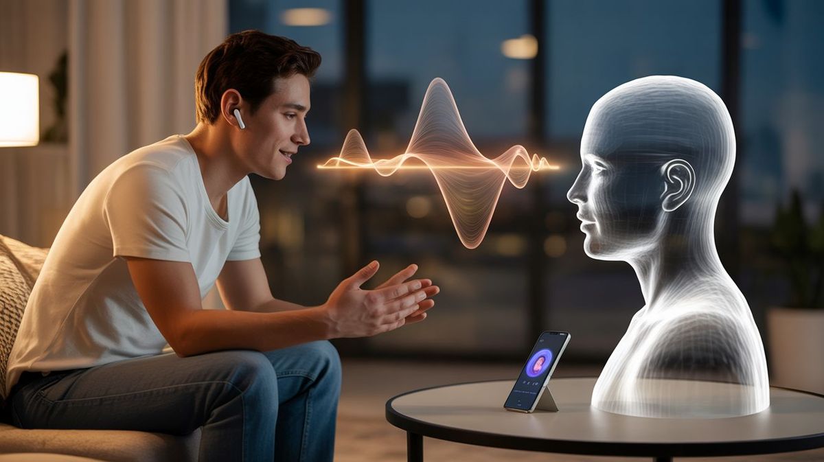 Man speaking to an AI assistant hologram, representing natural-language talent search.