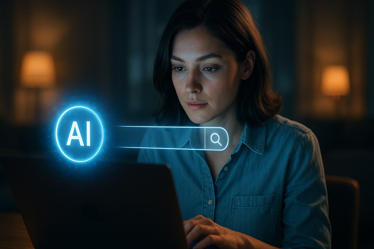 Woman using an AI-powered search bar on a laptop to find talent.