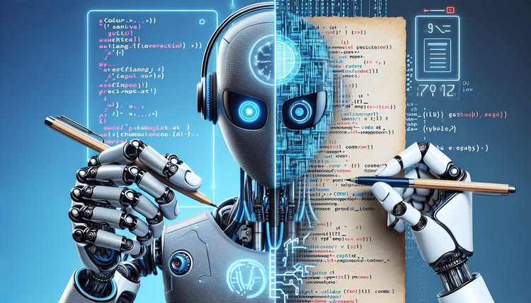 AI robot writing code and a résumé, representing AI-driven candidate screening