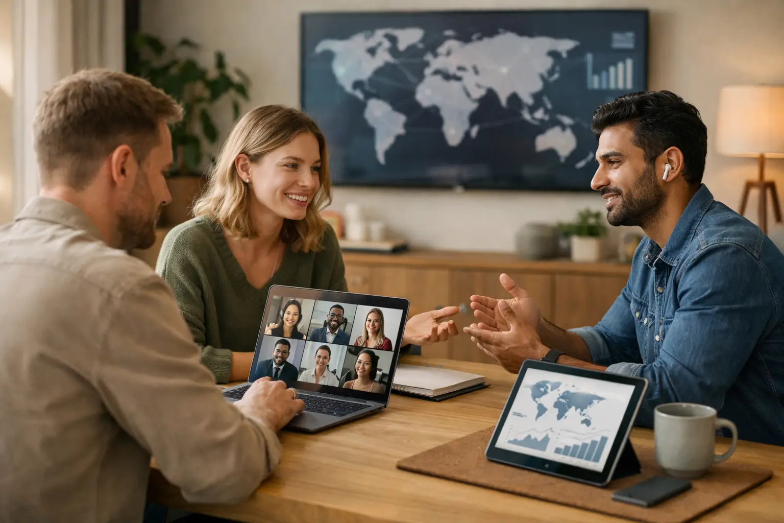 Illustration of remote workforce planning, showcasing global hiring and cost management in a digital workspace.