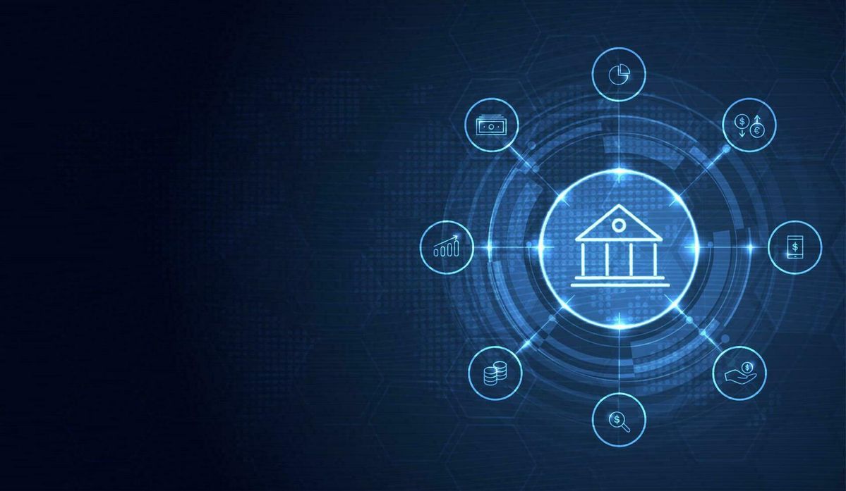 Glowing bank icon surrounded by connected fintech and finance icons.