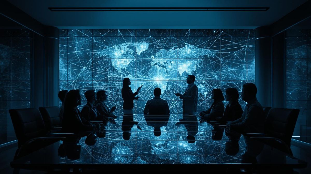 Silhouetted team meeting before a glowing world network map