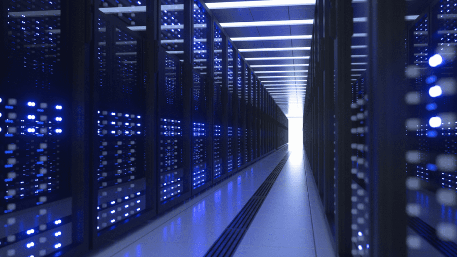 Server racks with glowing network connections and streaming data.