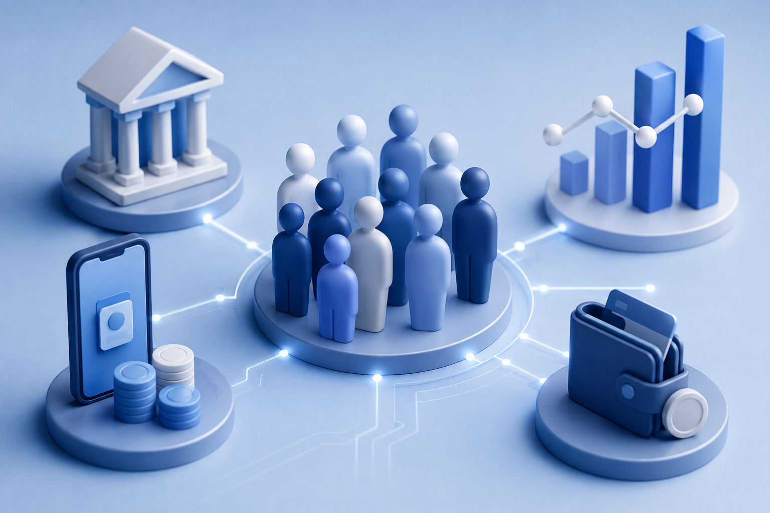 D blue illustration of people connected to a bank, mobile payments, analytics chart, and wallet, representing people data as financial-style infrastructure