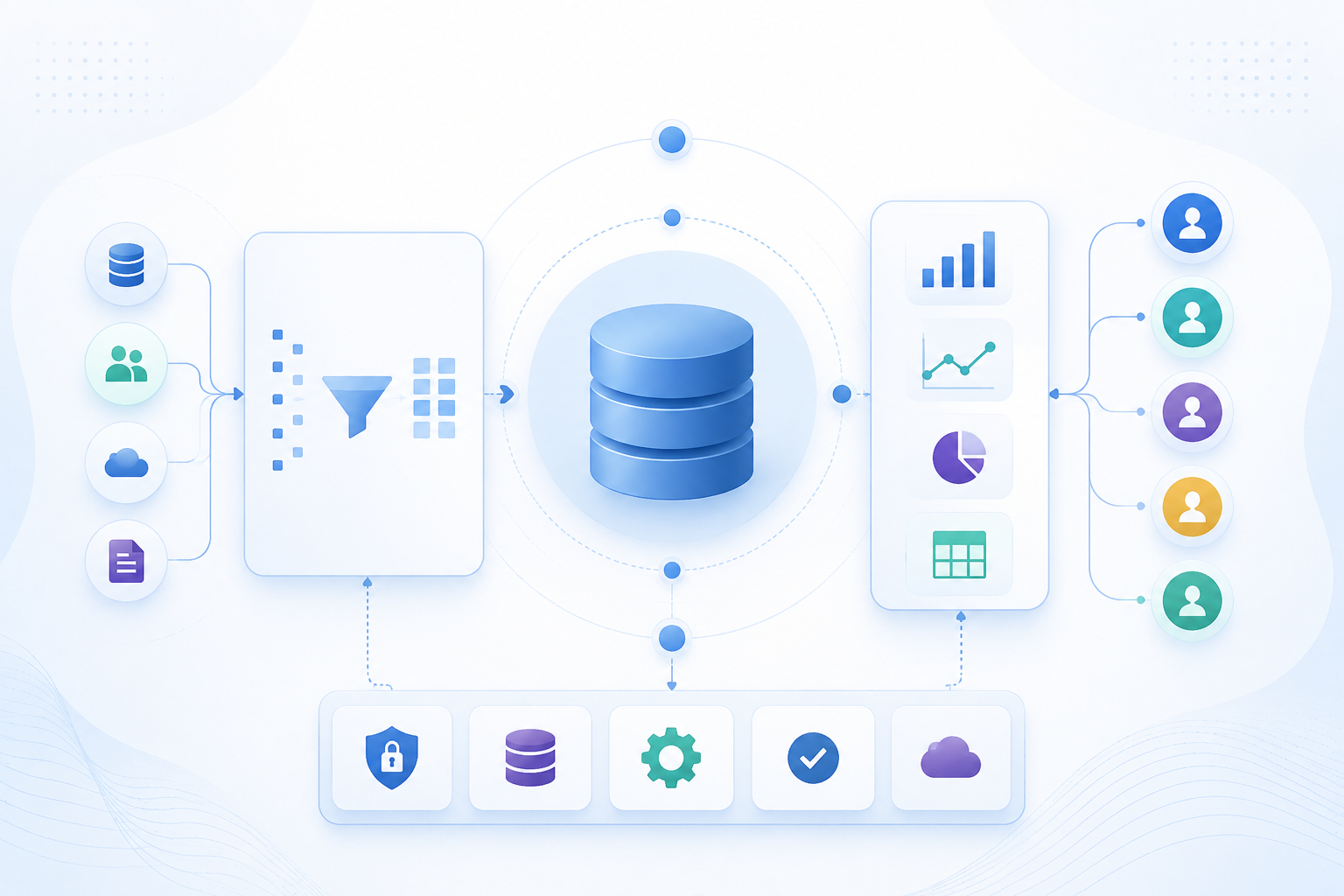Data integration workflow connecting databases, analytics, and user profiles.