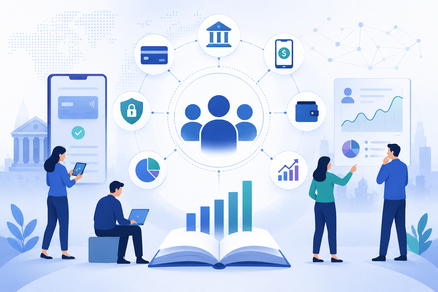 Illustration of people data connecting financial services, security, analytics, and global.