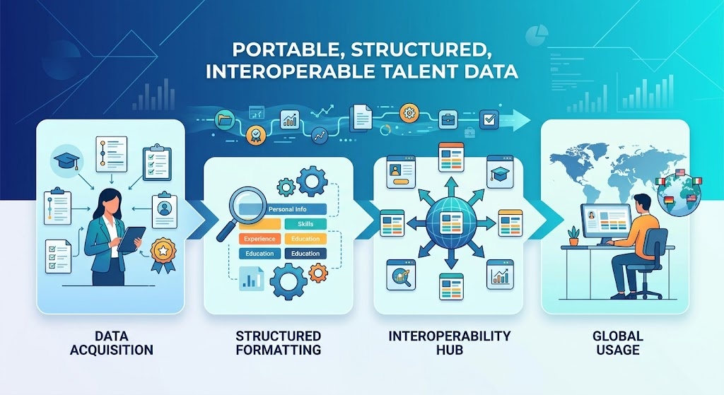 llustration of portable, structured, and interoperable talent data across global systems.
