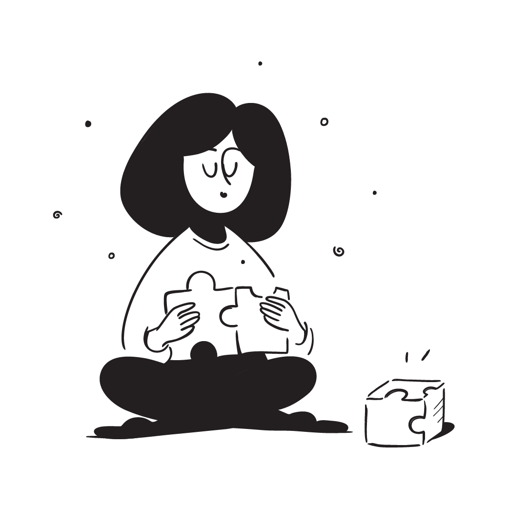 Illustration of a woman sitting cross-legged, fitting two puzzle pieces together