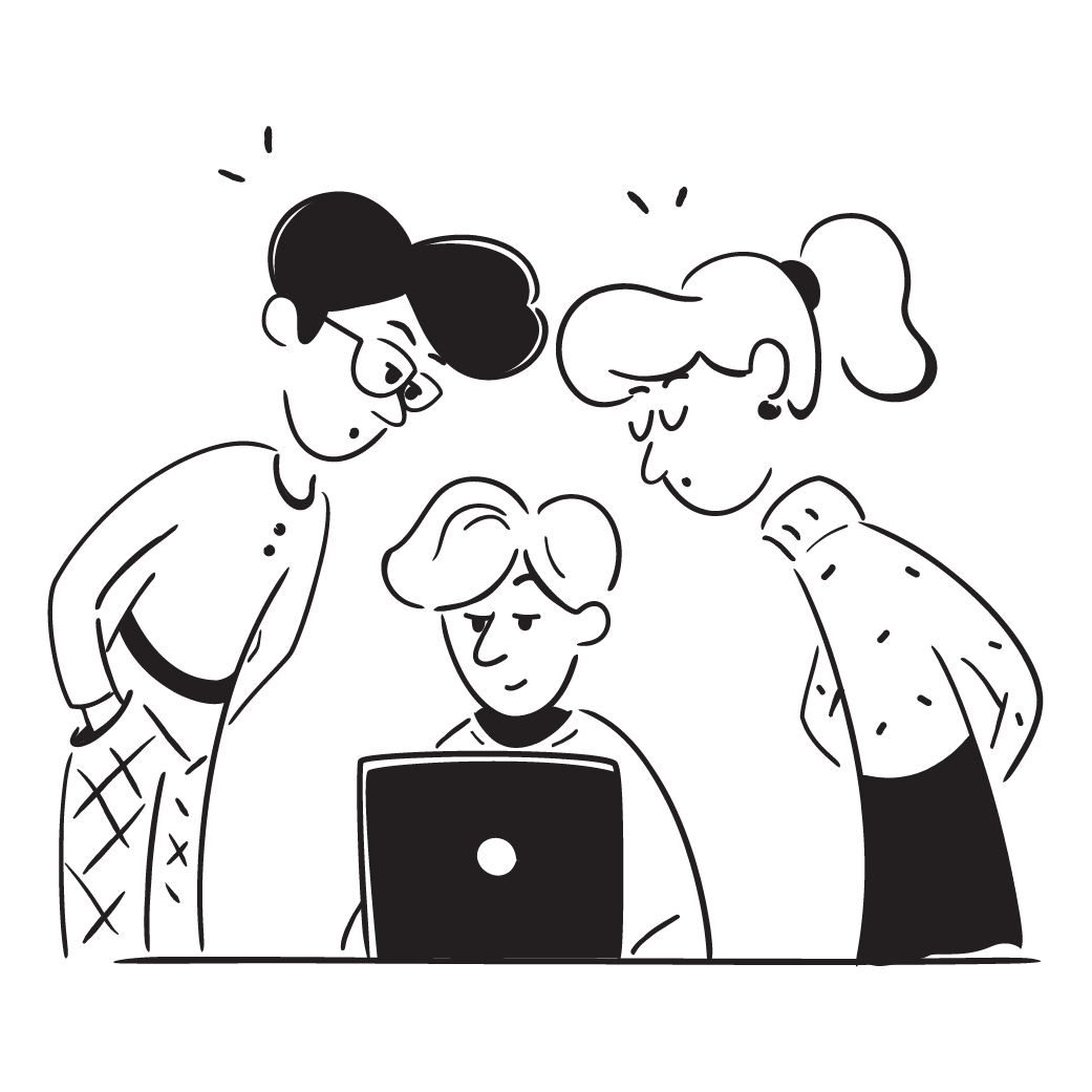 Illustration of three people gathered around a laptop