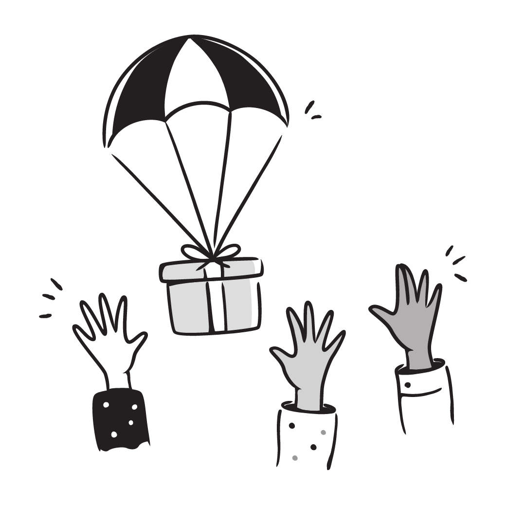 Illustration of a gift floating down on a parachute toward raised hands