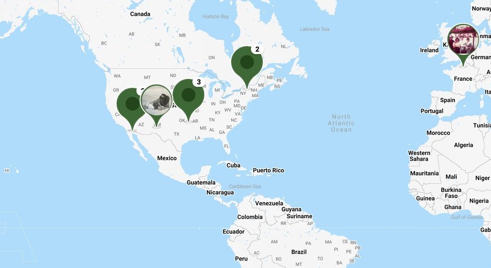 The Places Map in Sylvia Berry's Aatlas, with memories pinned across North America and Europe