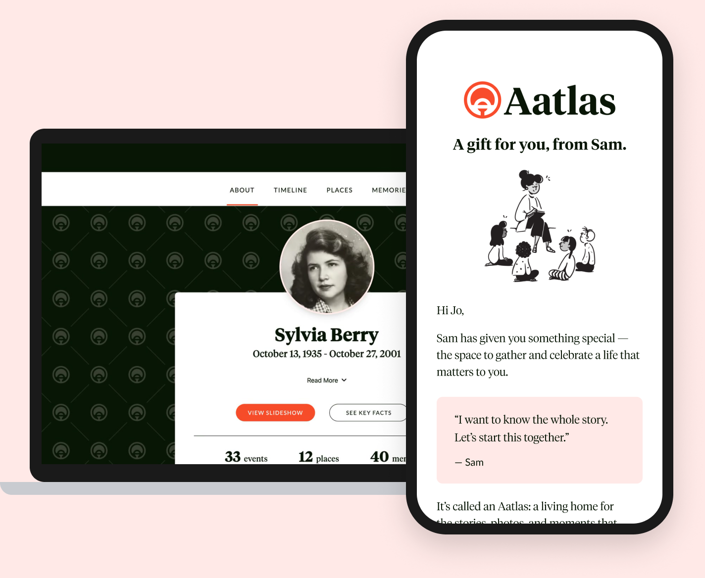 A gift email from Sam to Jo on a phone, beside Sylvia Berry's Aatlas on a laptop