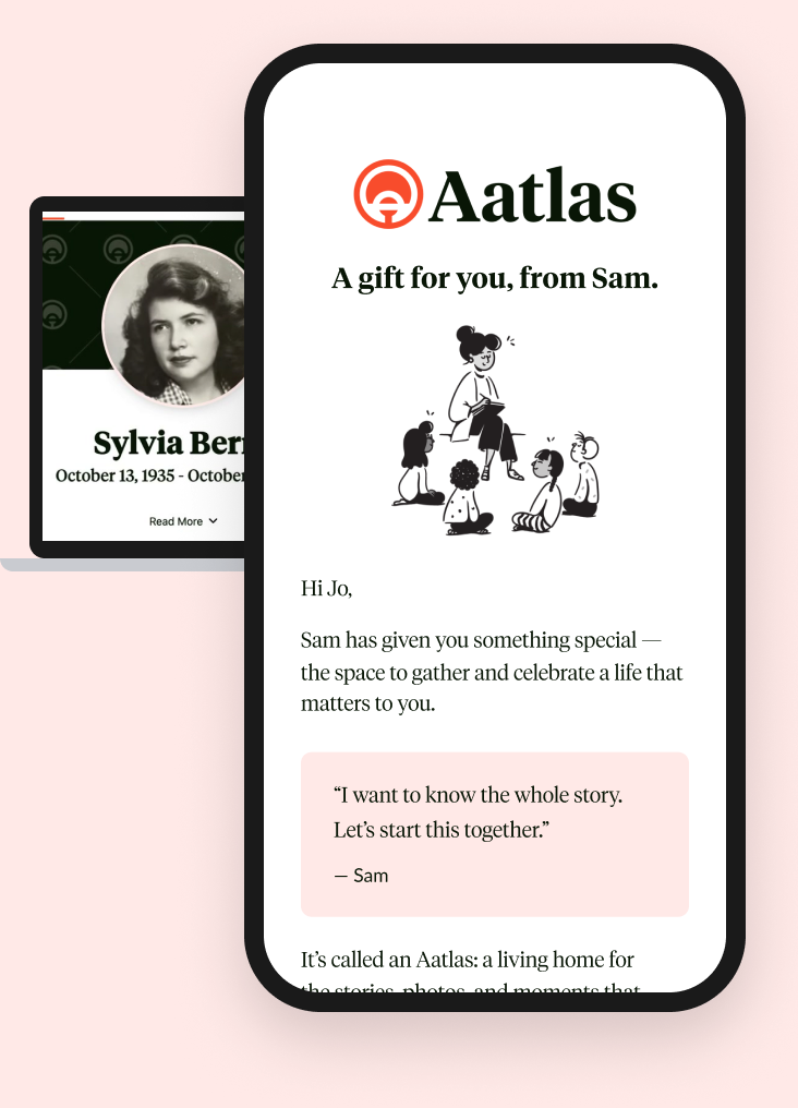 A gift email from Sam to Jo on a phone, beside Sylvia Berry's Aatlas on a laptop
