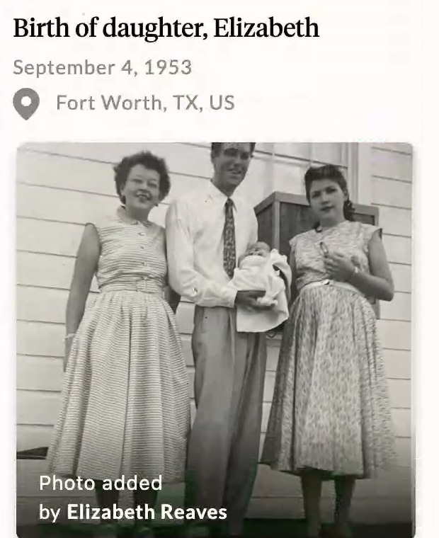 A memory in Sylvia Berry's Aatlas titled Birth of daughter, Elizabeth, September 4, 1953, Fort Worth, with a photo added by Elizabeth