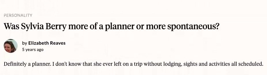 A suggested question in Sylvia Berry's Aatlas, Was Sylvia Berry more of a planner or more spontaneous?, answered by Elizabeth