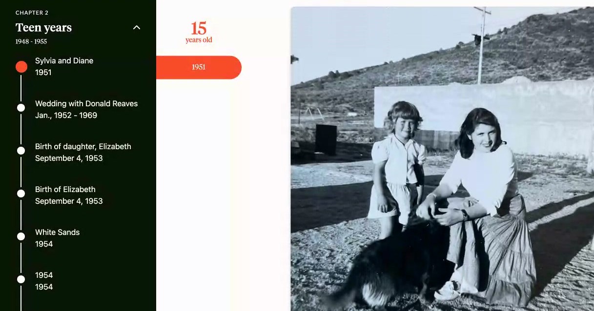 The Timeline in Sylvia Berry's Aatlas, open at the chapter Teen years, beside a 1951 photo of Sylvia and Diane