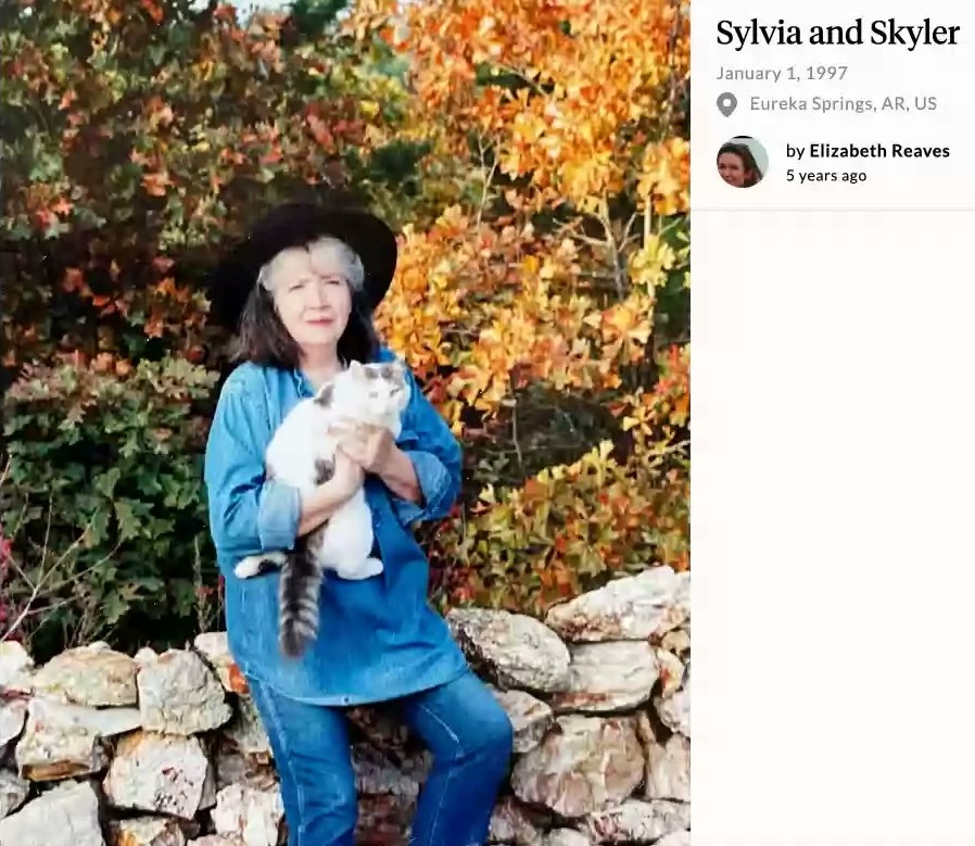 A memory in Sylvia Berry's Aatlas titled Sylvia and Skyler, January 1, 1997, Eureka Springs, with a photo of Sylvia holding her cat