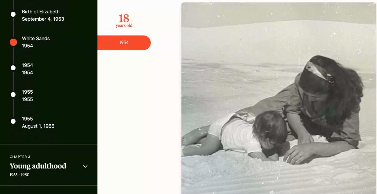 The Timeline in Sylvia Berry's Aatlas at White Sands, 1954, beside a photo from that day