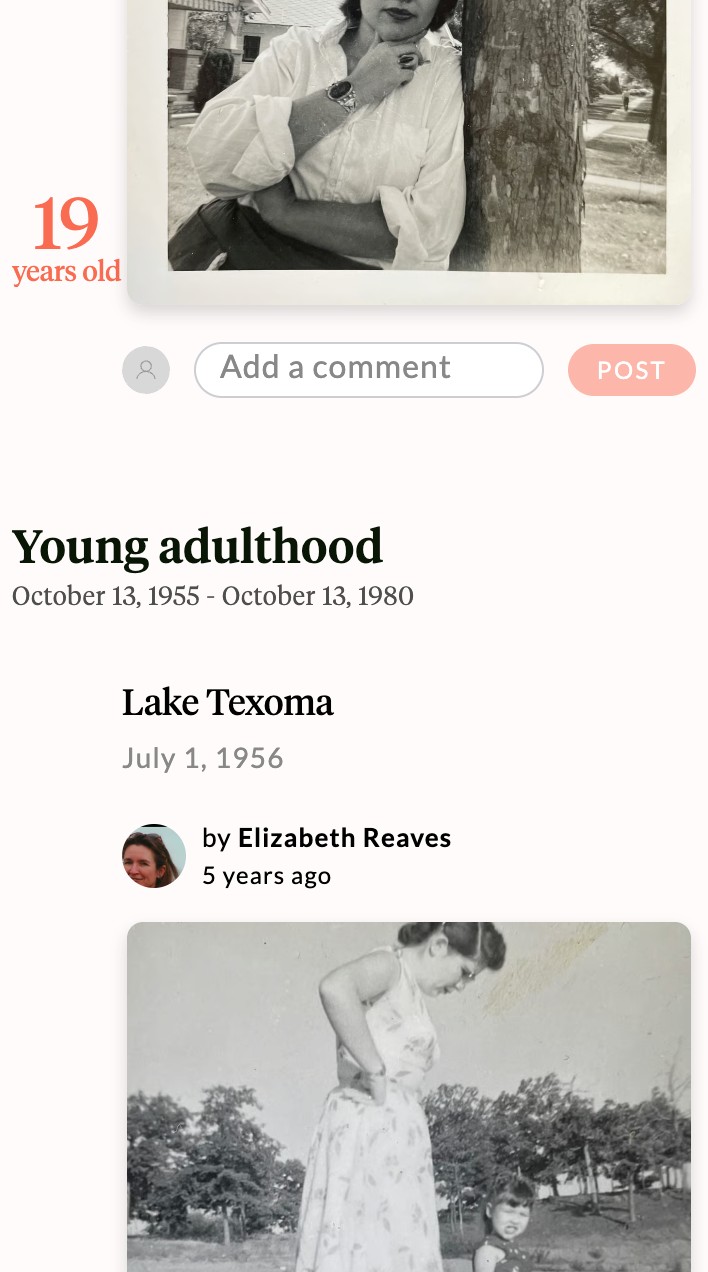 The Timeline in Sylvia Berry's Aatlas on a phone: the end of a 1955 memory at 19 years old, then the chapter Young adulthood, October 13, 1955 to October 13, 1980, starting with Lake Texoma, July 1, 1956