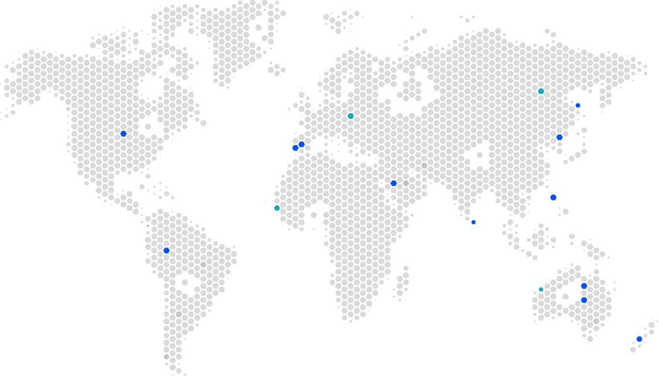 Simplified world map with scattered blue and teal dots marking various global locations.