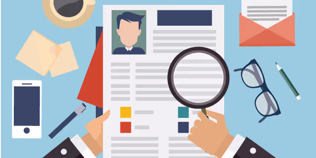 Illustration of a recruiter reviewing a resume with a magnifying glass