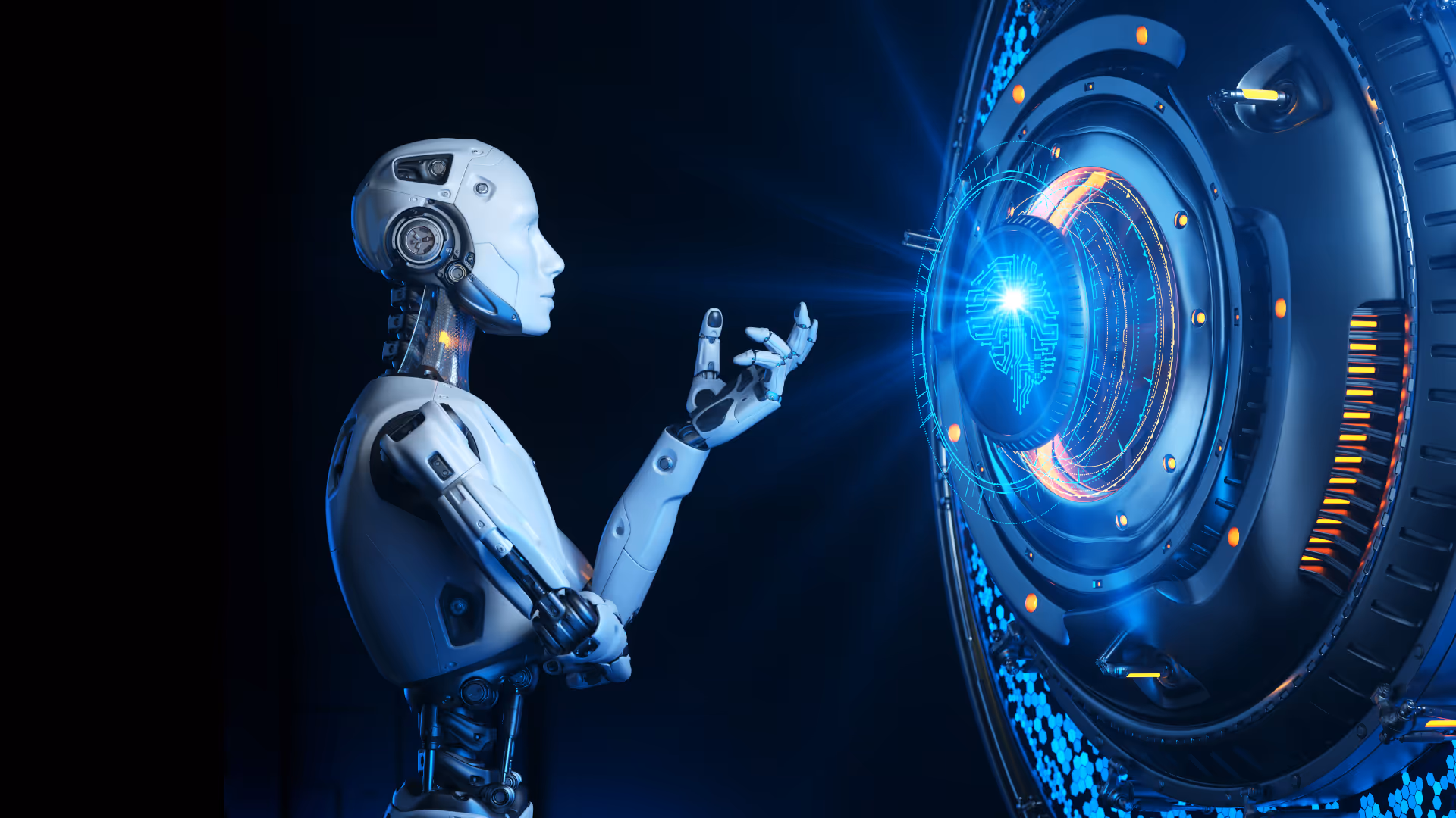 AI-powered robot interacting with a futuristic digital interface, symbolizing advanced AI-driven recruitment solutions