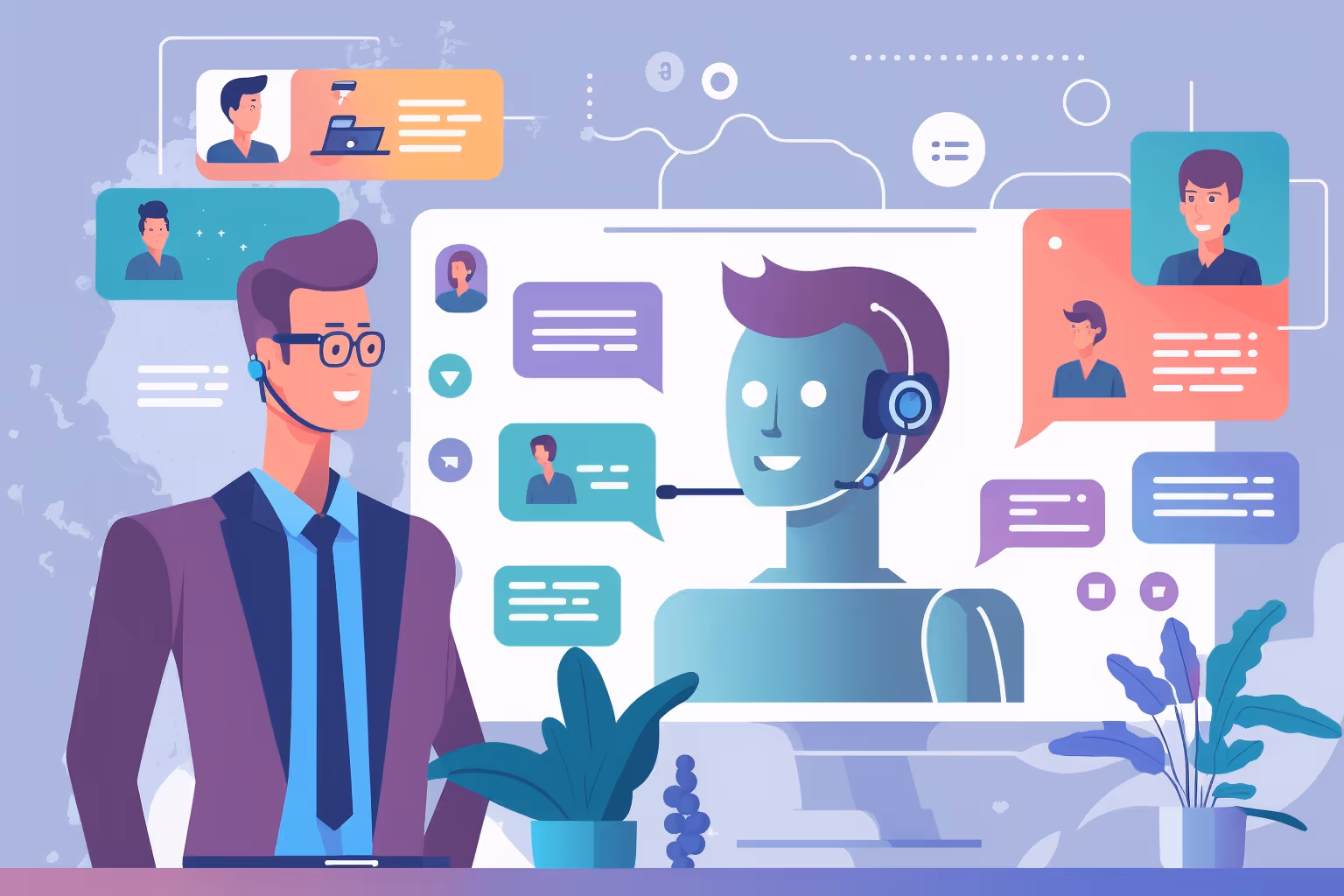 Illustration of an AI-powered virtual assistant engaging with a recruiter through voice and chat, representing AI-driven candidate engagement.