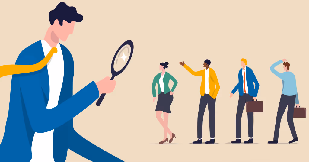 Illustration of a recruiter with a magnifying glass evaluating job candidates, representing automated recruiting and resume sorting in the blog post 'The Future of Staffing: Here's How Recruiting Firms Are Using A