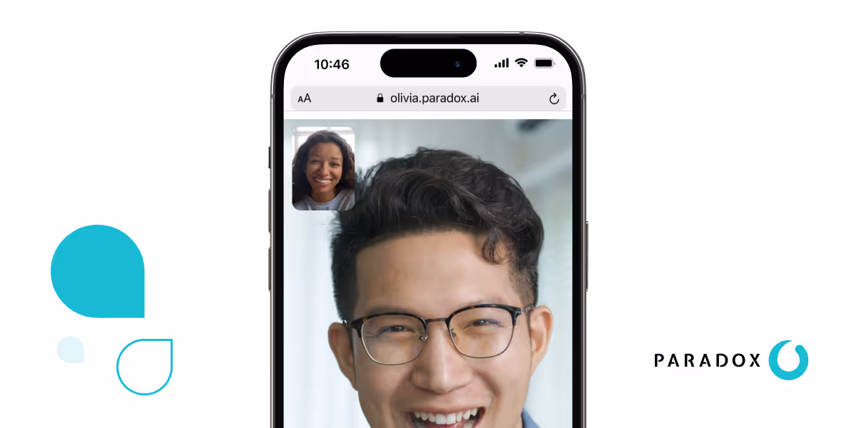 a Paradox AI video interview on a mobile device, with a candidate and interviewer visible, highlighting Paradox's AI-driven recruitment technology.