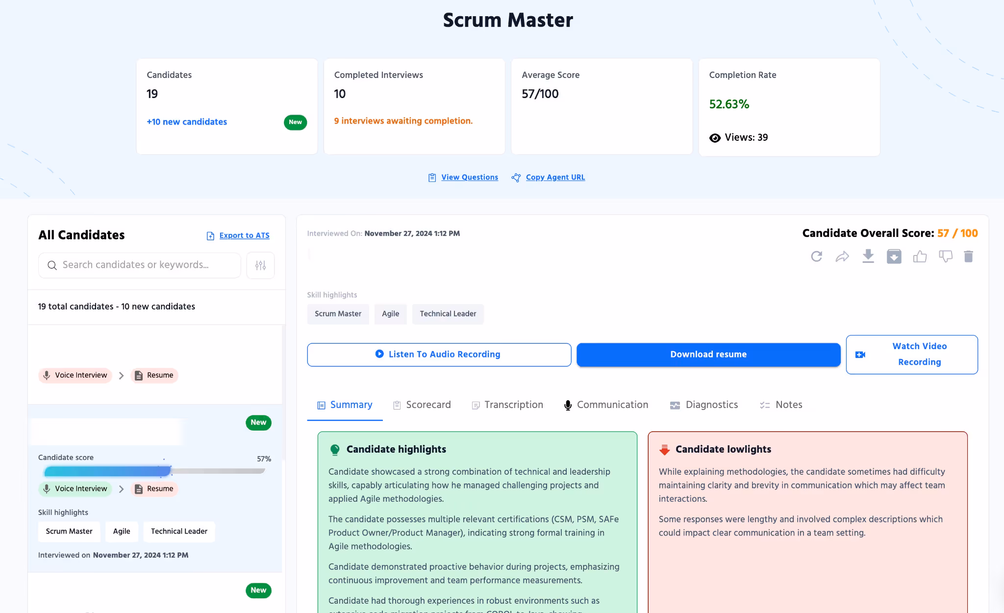HeyMilo dashboard displaying candidate interview information, including scores, highlights, and lowlights for the candidate, along with options to review the interview recording, download the resume, and view detailed feedback.