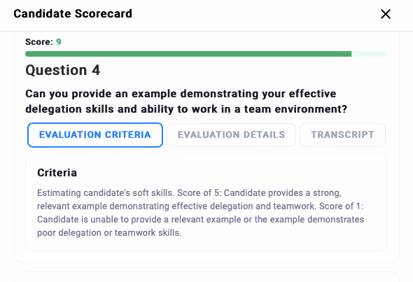 HeyMilo's candidate score provides in-depth data-driven insights into candidates' soft skills, such as delegation and teamwork, through AI-driven insights