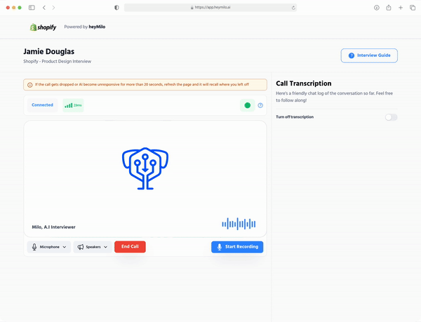 HeyMilo AI interview interface showing an AI-powered voice agent conducting a product design interview for Shopify, with call transcription and recording options