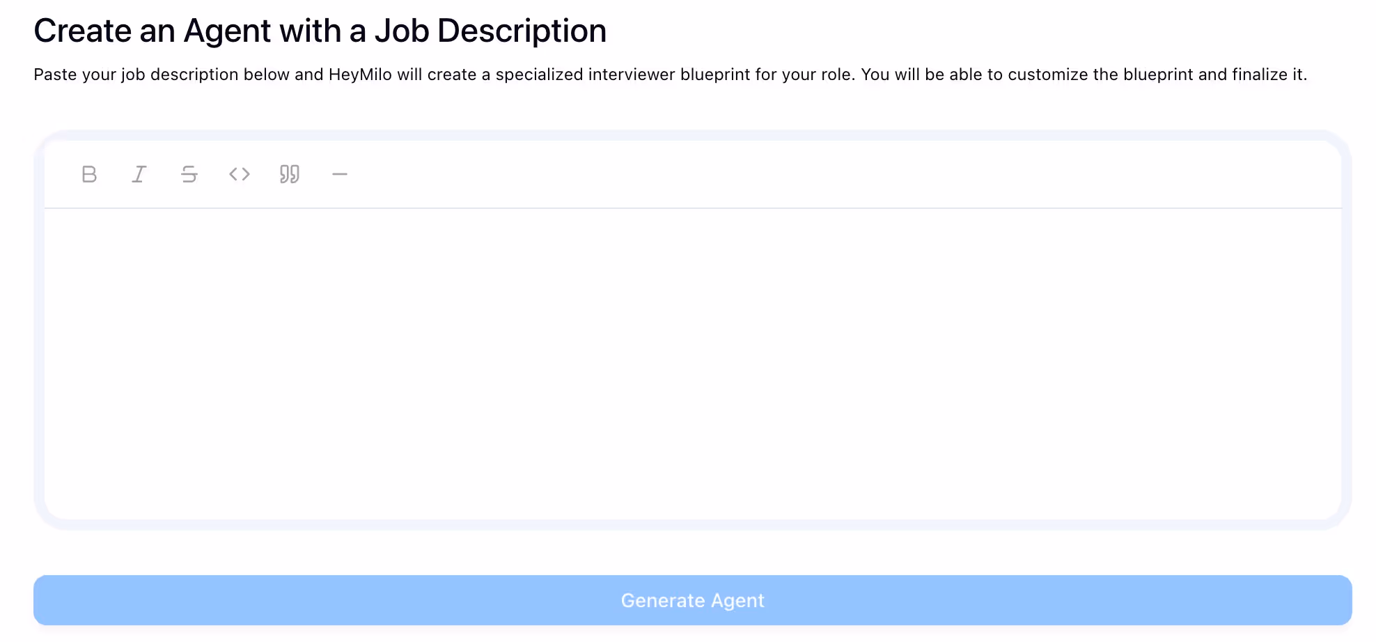 HeyMilo interface for generating an AI interviewer blueprint from a job description